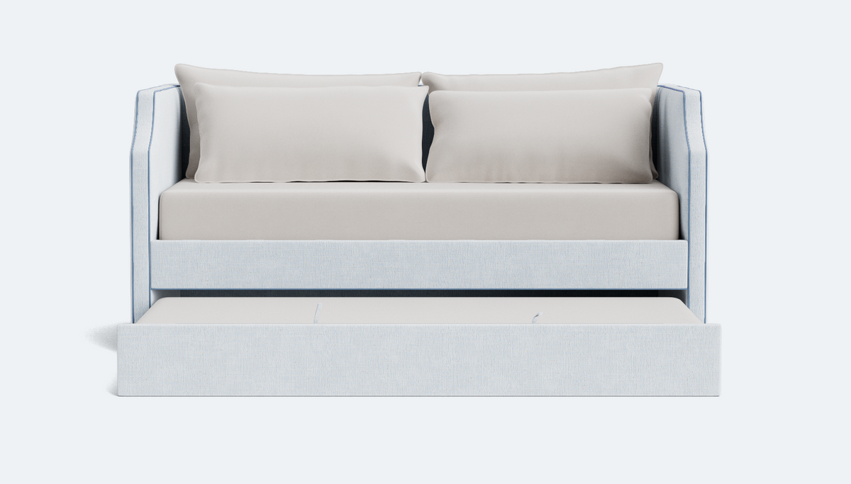 The Addison Twin Trundle Daybed - Crypton Oxford Blue Fabric - Ocean Blue Trim