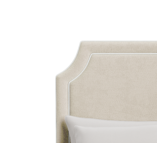 The Addison King Bed - Scalloped Legs - Oatmeal Woven Fabric - White Trim