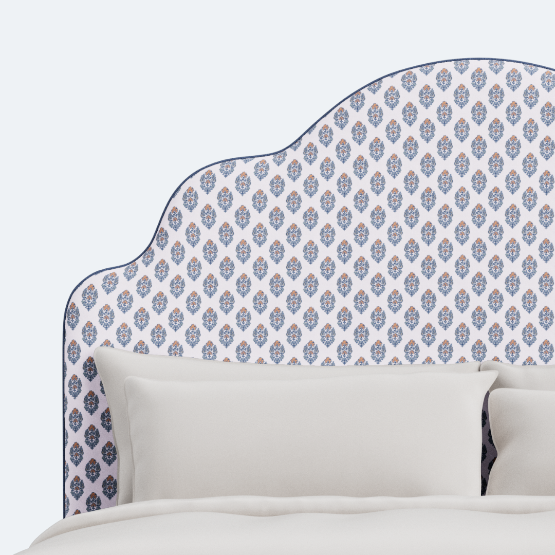 The Rachel King Platform Bed - Scalloped Legs - Island Bloom Fabric - Navy Trim