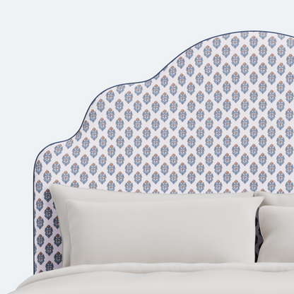 The Rachel King Platform Bed - Scalloped Legs - Island Bloom Fabric - Navy Trim