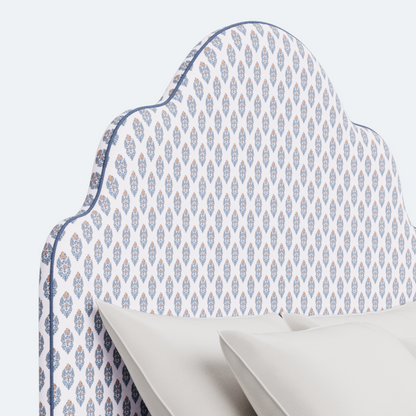 The Rachel King Platform Bed - Scalloped Legs - Island Bloom Fabric - Navy Trim