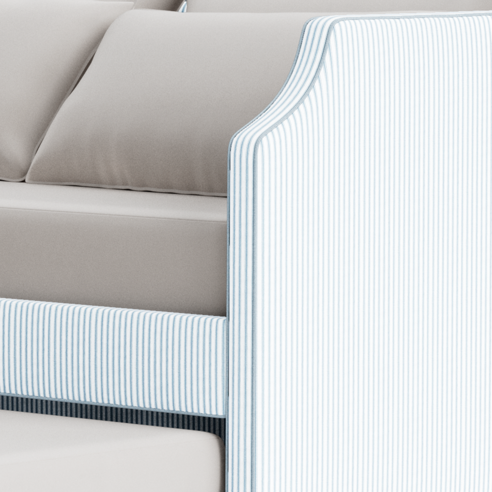 The Addison Twin Trundle Daybed - Ticking Stripe Fabric - Sky Blue Trim