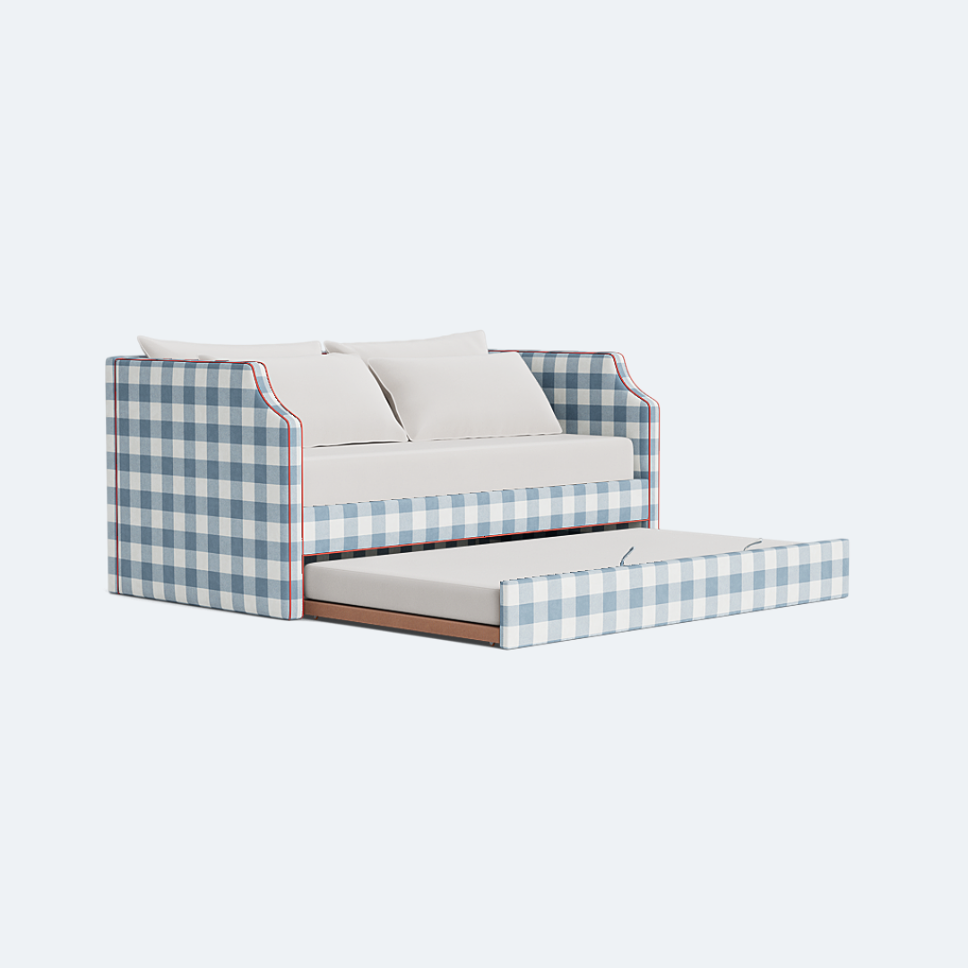 The Addison Twin Trundle Daybed - Buffalo Blue Checkered Fabric - Red Trim