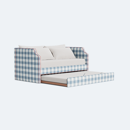 The Addison Twin Trundle Daybed - Buffalo Blue Checkered Fabric - Red Trim