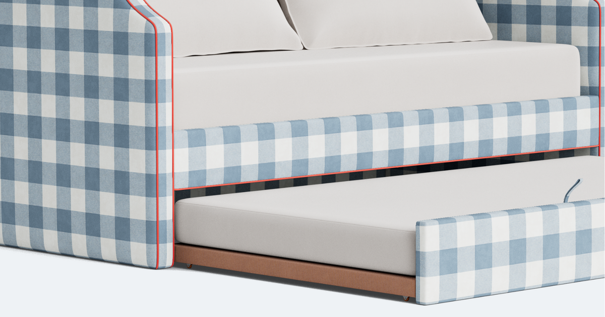 The Addison Twin Trundle Daybed - Buffalo Blue Checkered Fabric - Red Trim