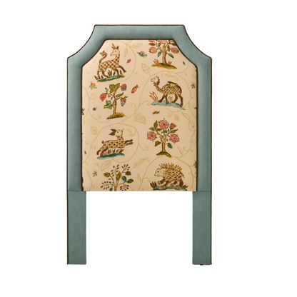 The Addison Twin Headboard - La Menagerie Schumacher Sage Green Fabric - Brown Trim