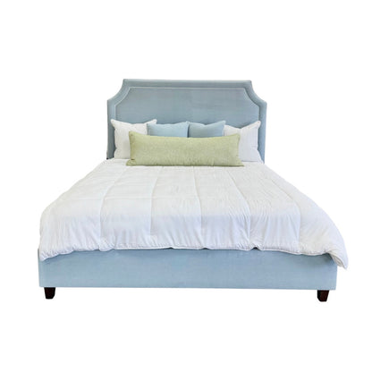 The Addison King Bed - Wooden Legs - Sky Blue Woven Fabric - White Trim