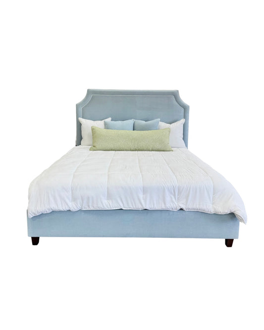 65" H King Platform Bed - Wooden Legs - Sky Blue Woven Fabric with White Trim
