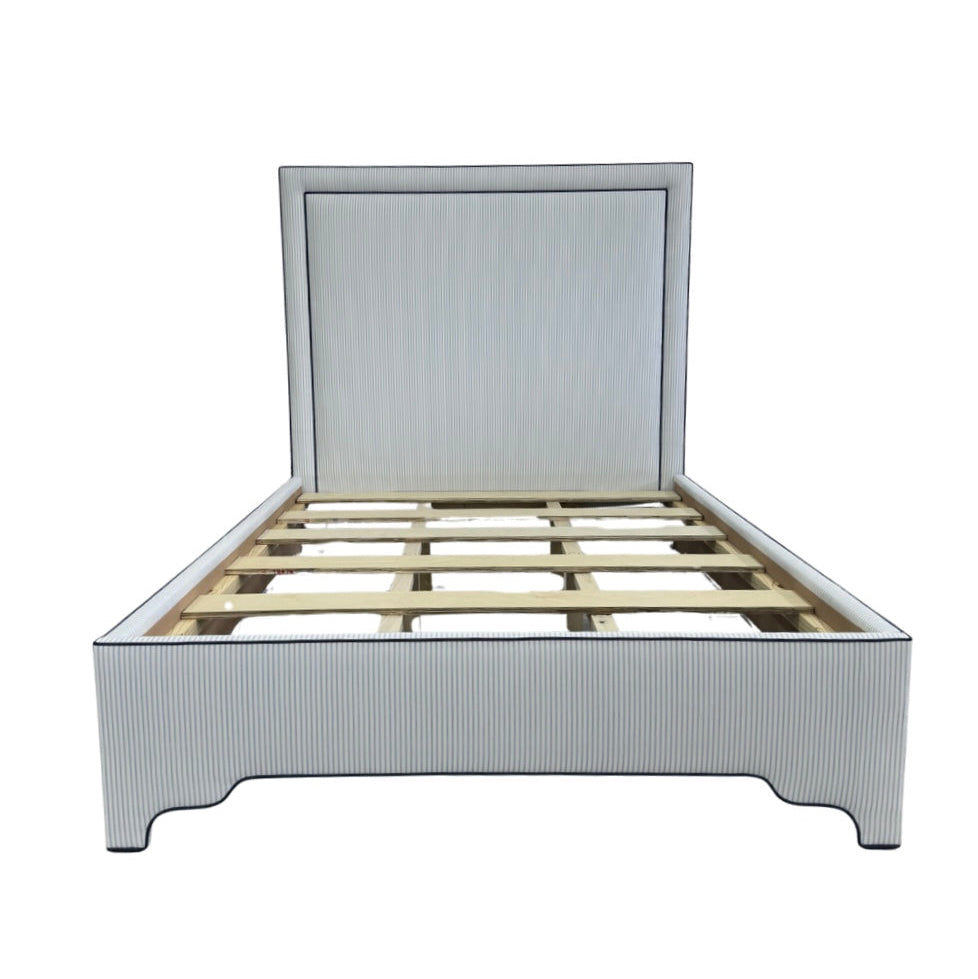 65”H Queen Upholstered Platform Bed - Classic Ticking Blue Fabric - Navy Trim