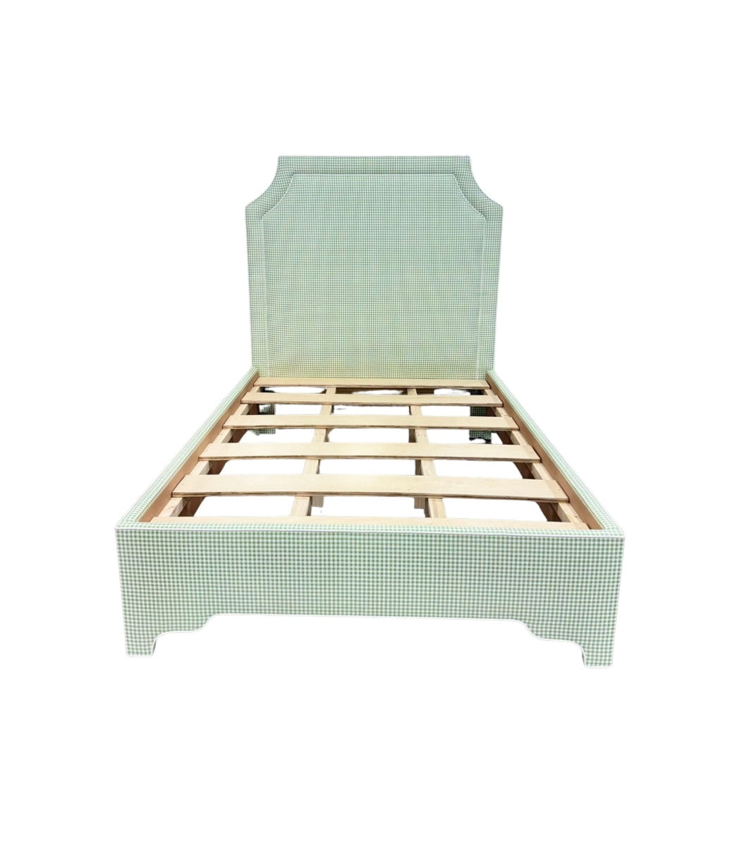 65”H Full Size Platform Upholstered Bed - Sage Green Gingham Fabric - White Pink Trim
