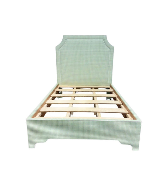 65”H Full Size Platform Upholstered Bed - Sage Green Gingham Fabric - White Pink Trim