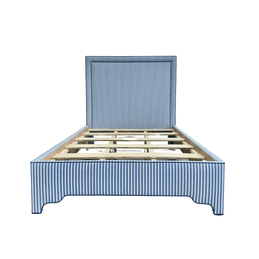 The Jacob Queen Bed - Schumacher Striped Fabric - Navy Trim