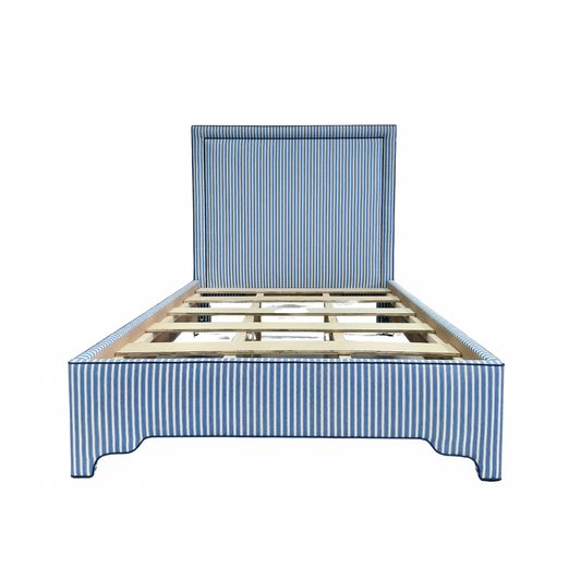 65”H Queen Upholstered Platform Bed - Schumacher Striped Fabric - Navy Trim