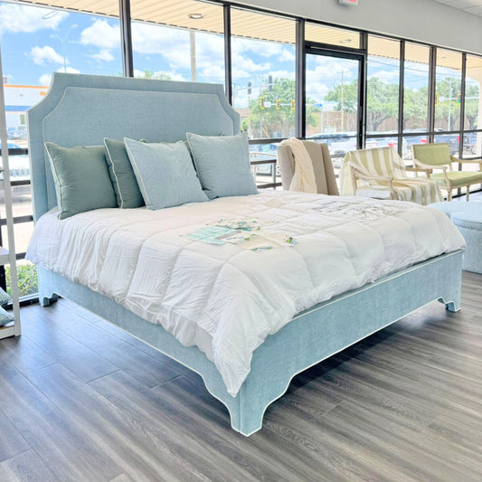 65"H King Upholstered Platform Bed - Scalloped Legs - Seafoam Blue Chenille Fabric with White Trim