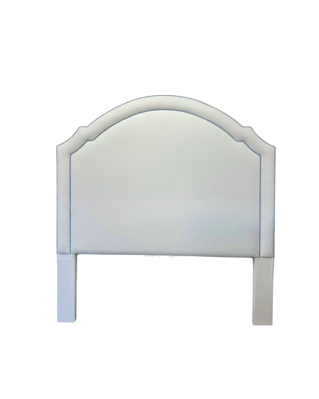 65”H Queen Headboard only - Performance White Velvet Fabric- Sky Blue Trim