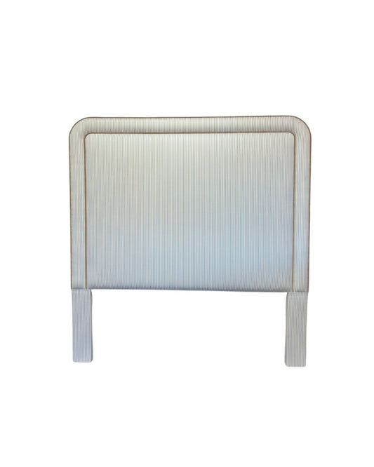 65”H Queen Headboard only - Striped Blue and White Fabric- Mushroom Brown Trim
