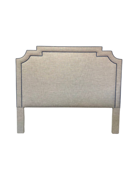 65”H King Headboard Only - Beige Checkered Fabric - Navy Trim