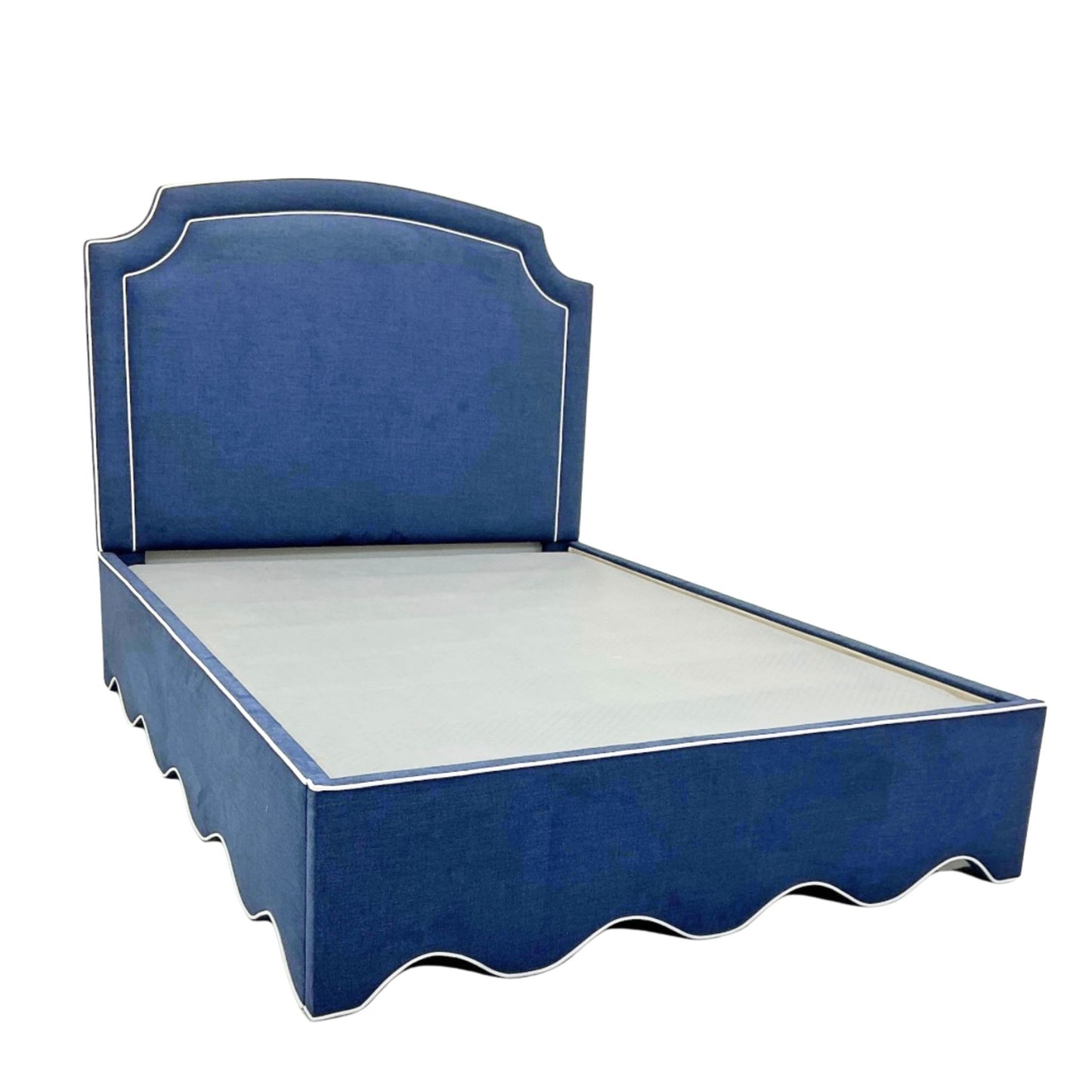 60"H Queen Upholstered Platform Bed - Scalloped Base - Navy Woven Fabric with White Trim