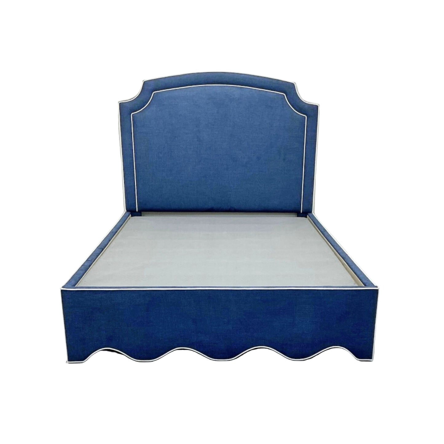 60"H Queen Upholstered Platform Bed - Scalloped Base - Navy Woven Fabric with White Trim