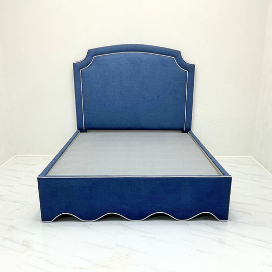 60"H Queen Upholstered Platform Bed - Scalloped Base - Navy Woven Fabric with White Trim