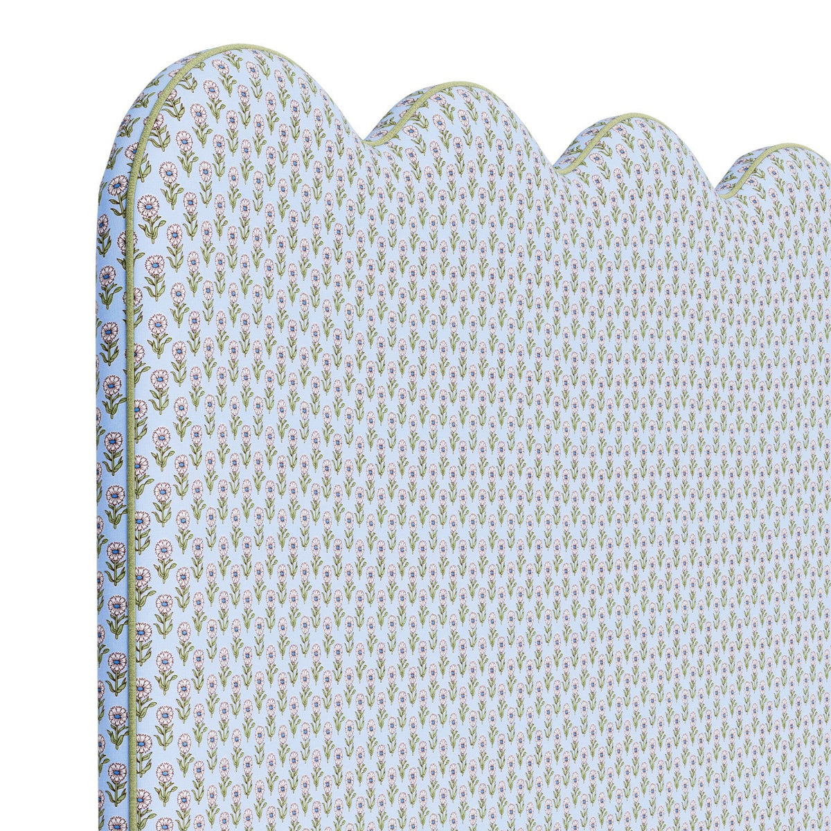 The Waverly Queen Headboard - Schumacher Adeline in Mineral & Leaf Fabric - Pistachio Green Trim