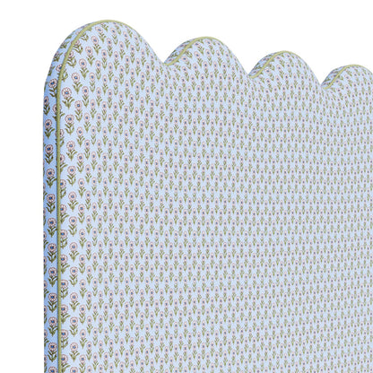 The Waverly Queen Headboard - Schumacher Adeline in Mineral & Leaf Fabric - Pistachio Green Trim