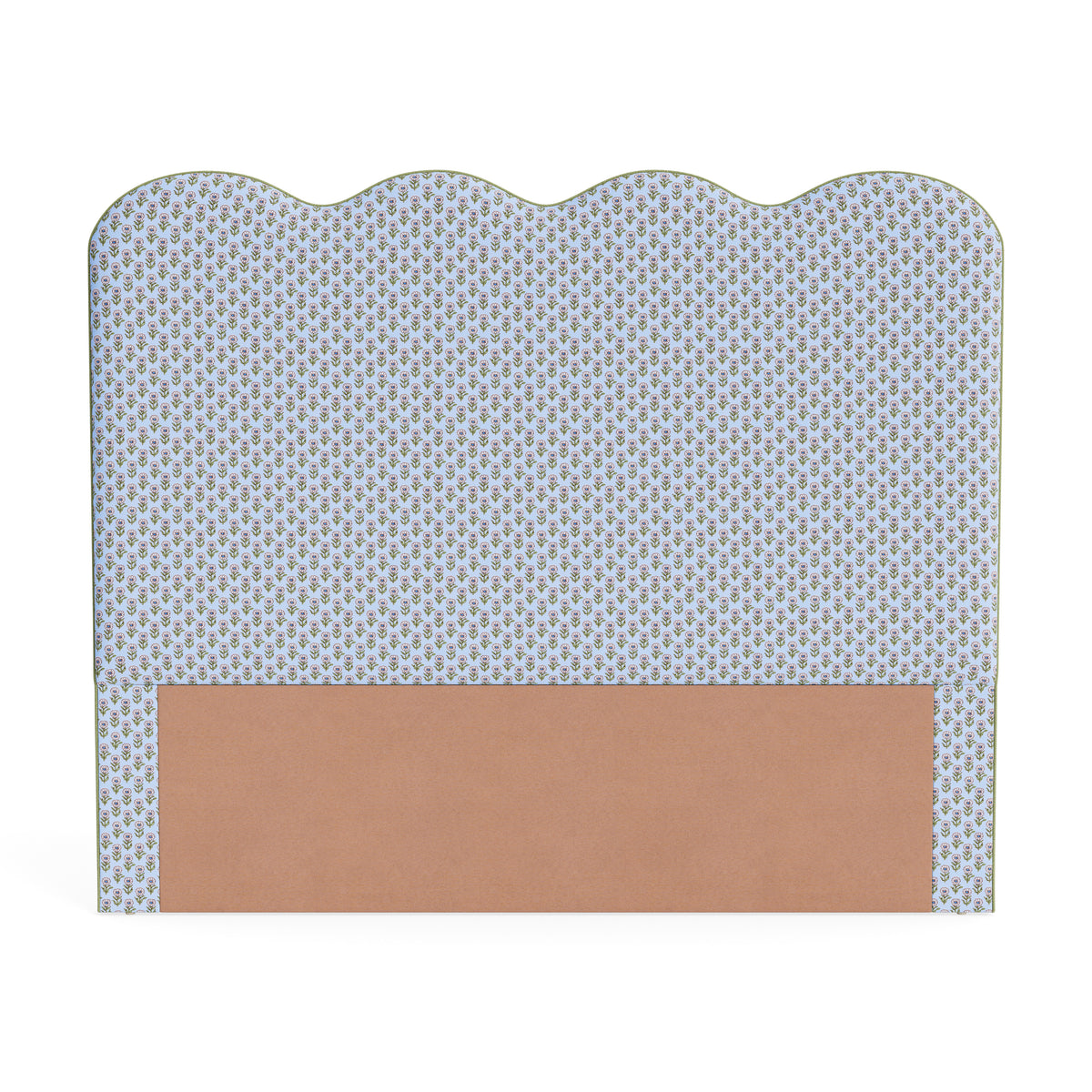The Waverly Queen Headboard - Schumacher Adeline in Mineral & Leaf Fabric - Pistachio Green Trim