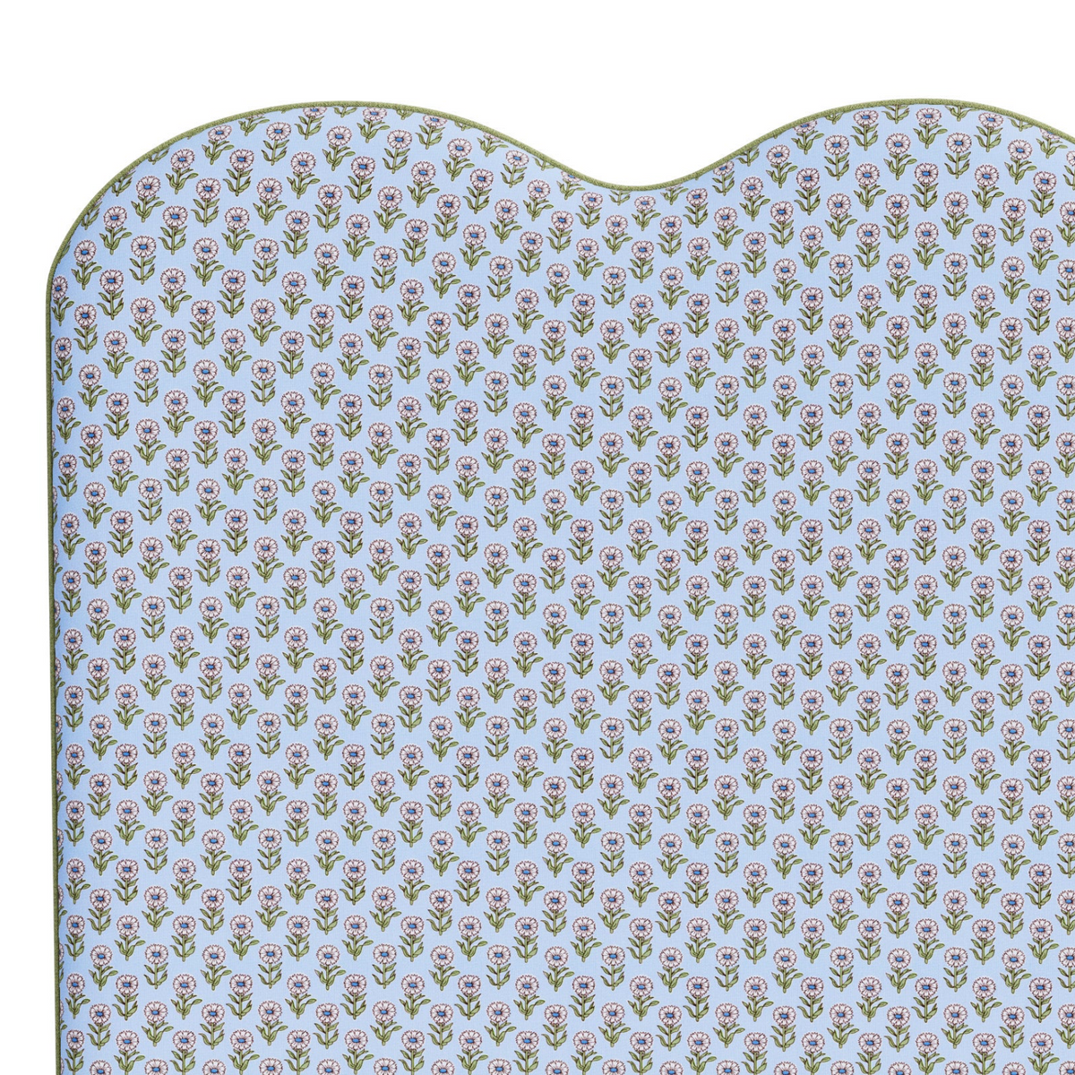 The Waverly Queen Headboard - Schumacher Adeline in Mineral & Leaf Fabric - Pistachio Green Trim
