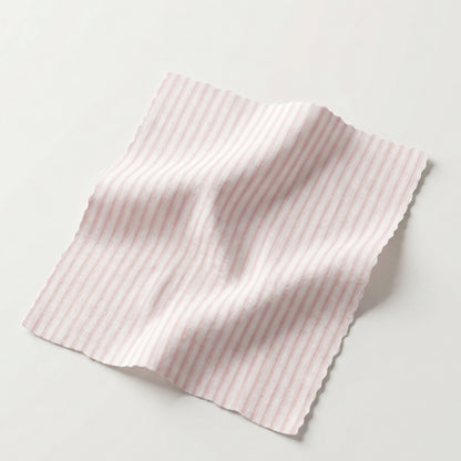 65”H Twin Upholstered Platform Base Bed - Scalloped Base - Classic Ticking Pink Fabric with Pink Trim