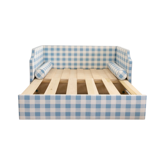 Twin to king Upholstered Trundle Daybed in Buffalo Blue Fabric - Sky Blue Trim