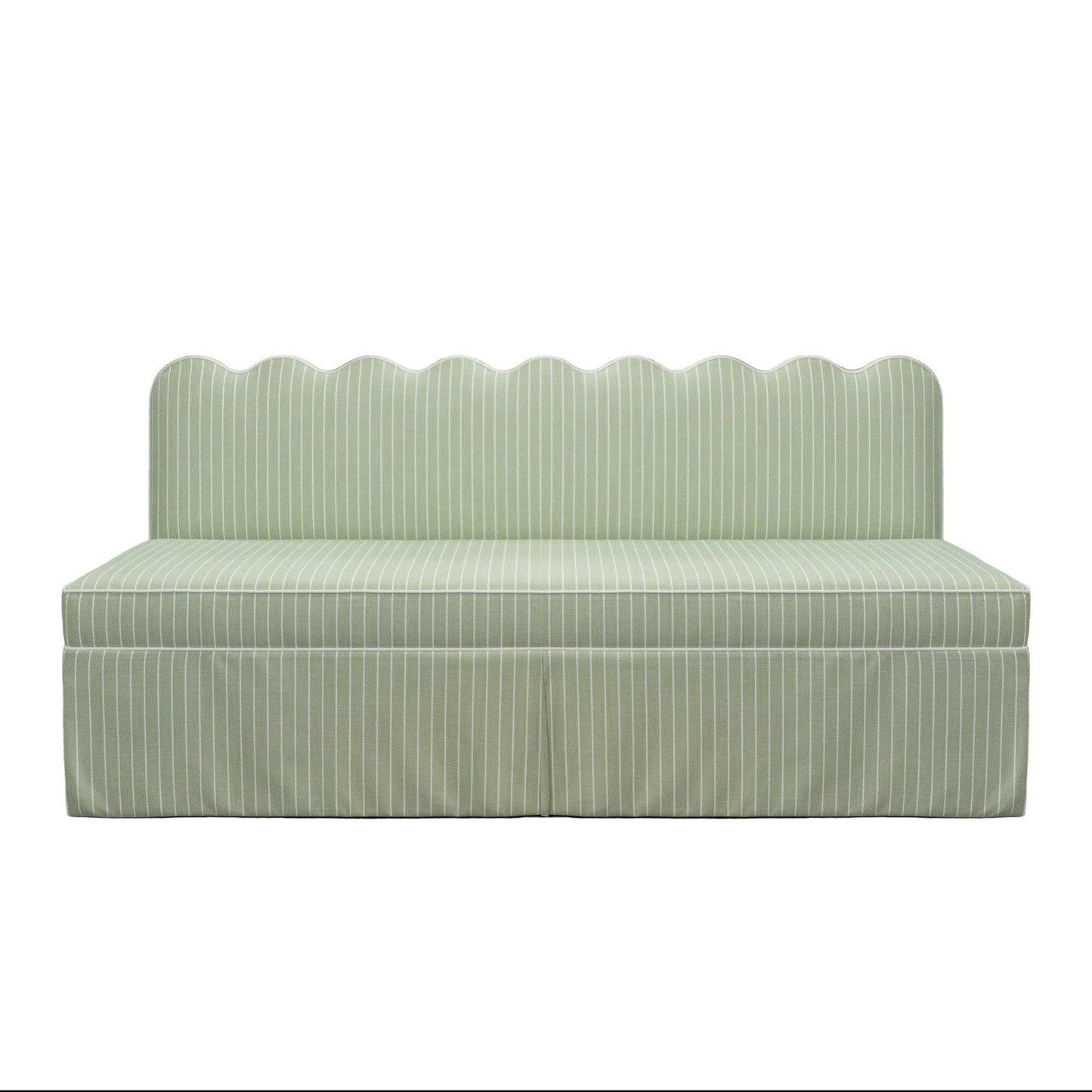 76"L Custom Scalloped Banquette - Green Striped Fabric, White Piping