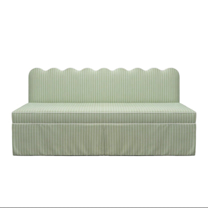 76"L Custom Scalloped Banquette - Green Striped Fabric, White Piping