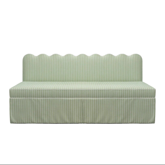 76"L Custom Scalloped Banquette - Green Striped Fabric, White Piping