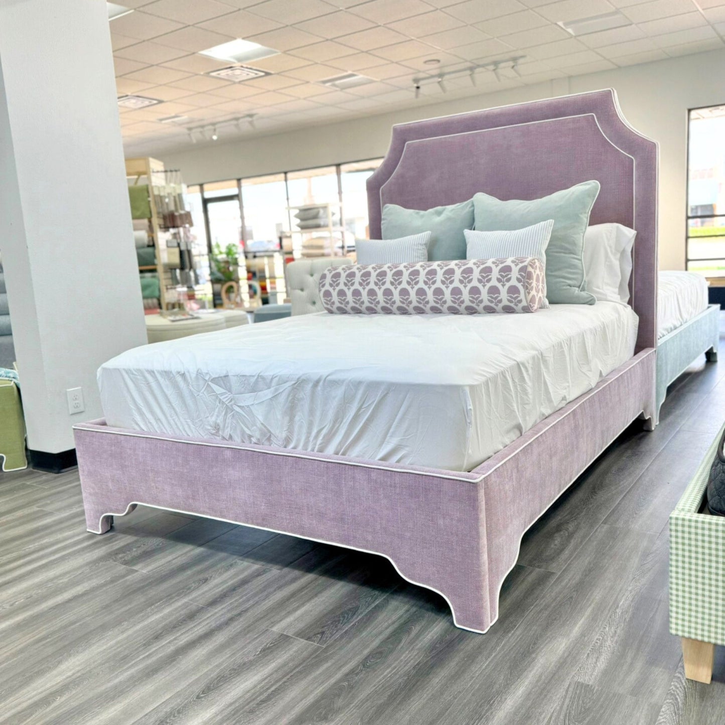 65”H Queen Upholstered Platform Bed - Scalloped Legs - Lavender Heavy Duty Fabric with White Trim