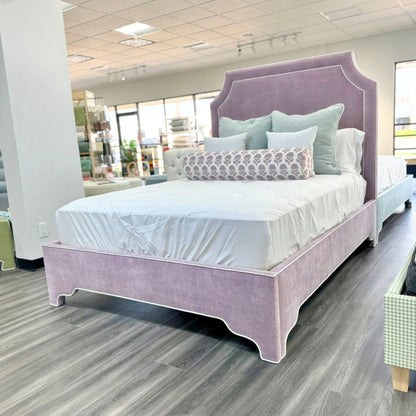 65”H Queen Upholstered Platform Bed - Scalloped Legs - Lavender Heavy Duty Fabric with White Trim