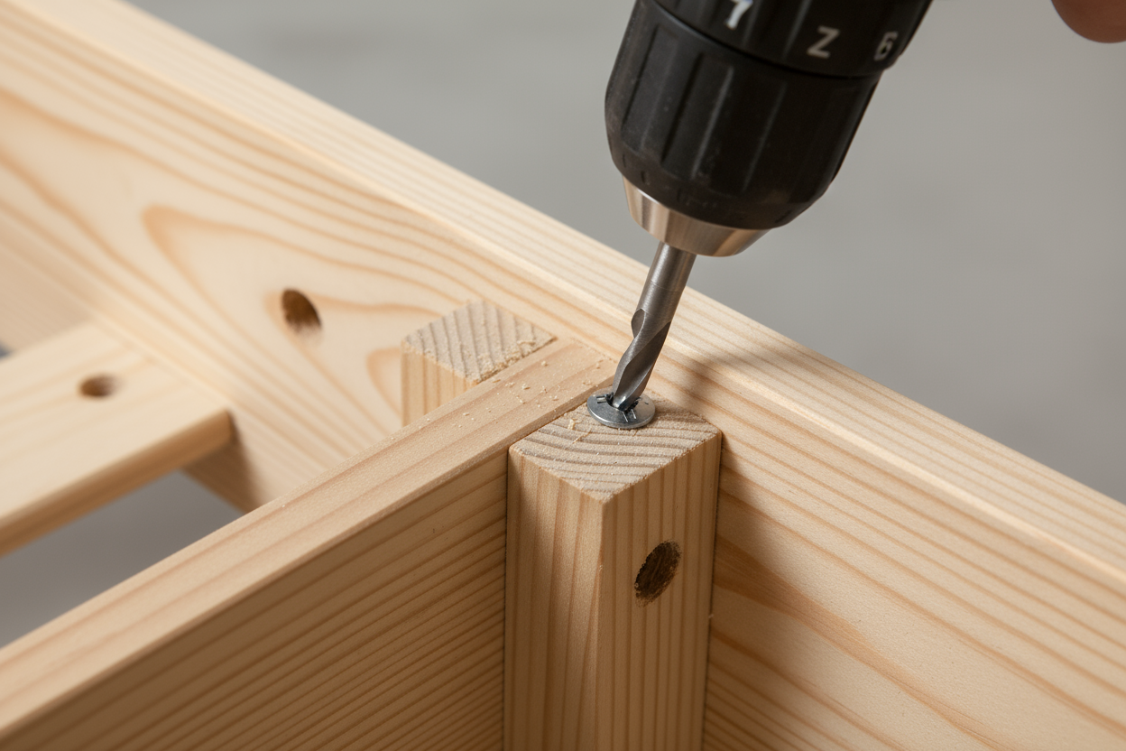 generate an image of a close up image of a drill installing a screw on the inside of a bed frame 