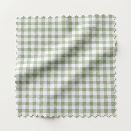 65”H Queen Platform Upholstered Bed - Sage Green Gingham Fabric with Blush Pink Trim