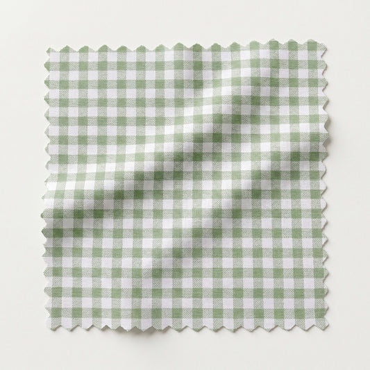 65”H Queen Platform Upholstered Bed - Sage Green Gingham Fabric with Blush Pink Trim