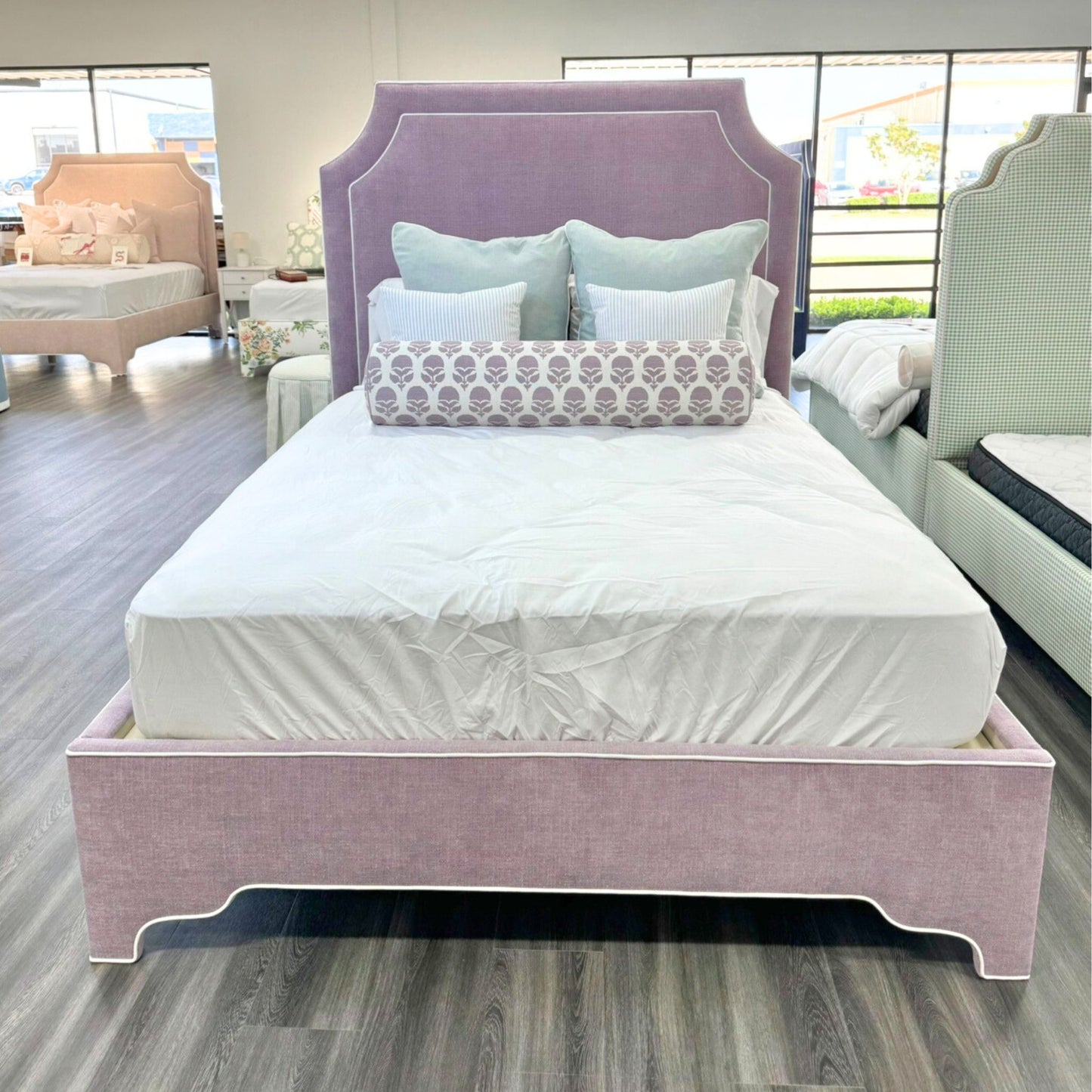 65”H Queen Upholstered Platform Bed - Scalloped Legs - Lavender Heavy Duty Fabric with White Trim