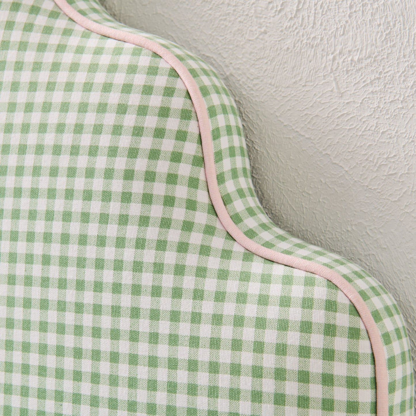 The Helena Twin Headboard - Green Gingham Fabric - Pink Trim