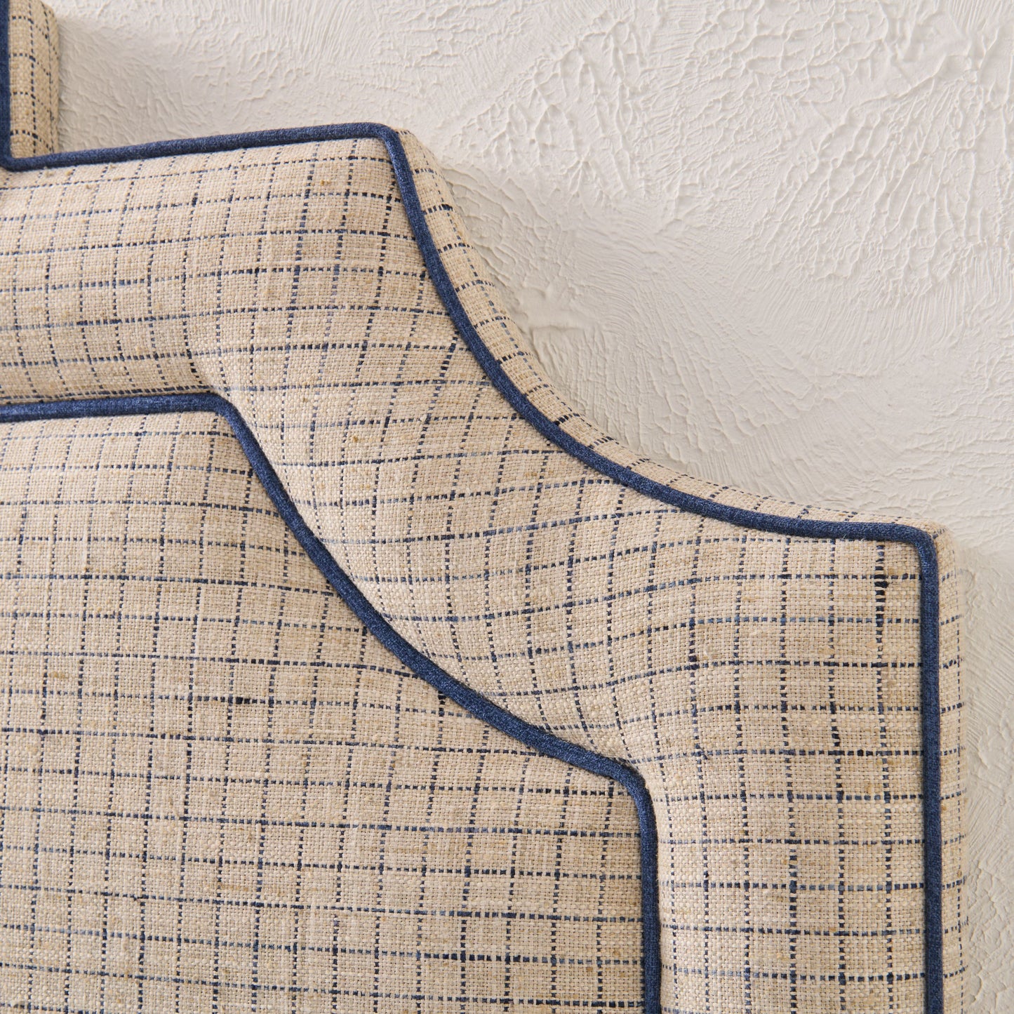 The Martha King Headboard - Beige Checkered Fabric - Navy Trim