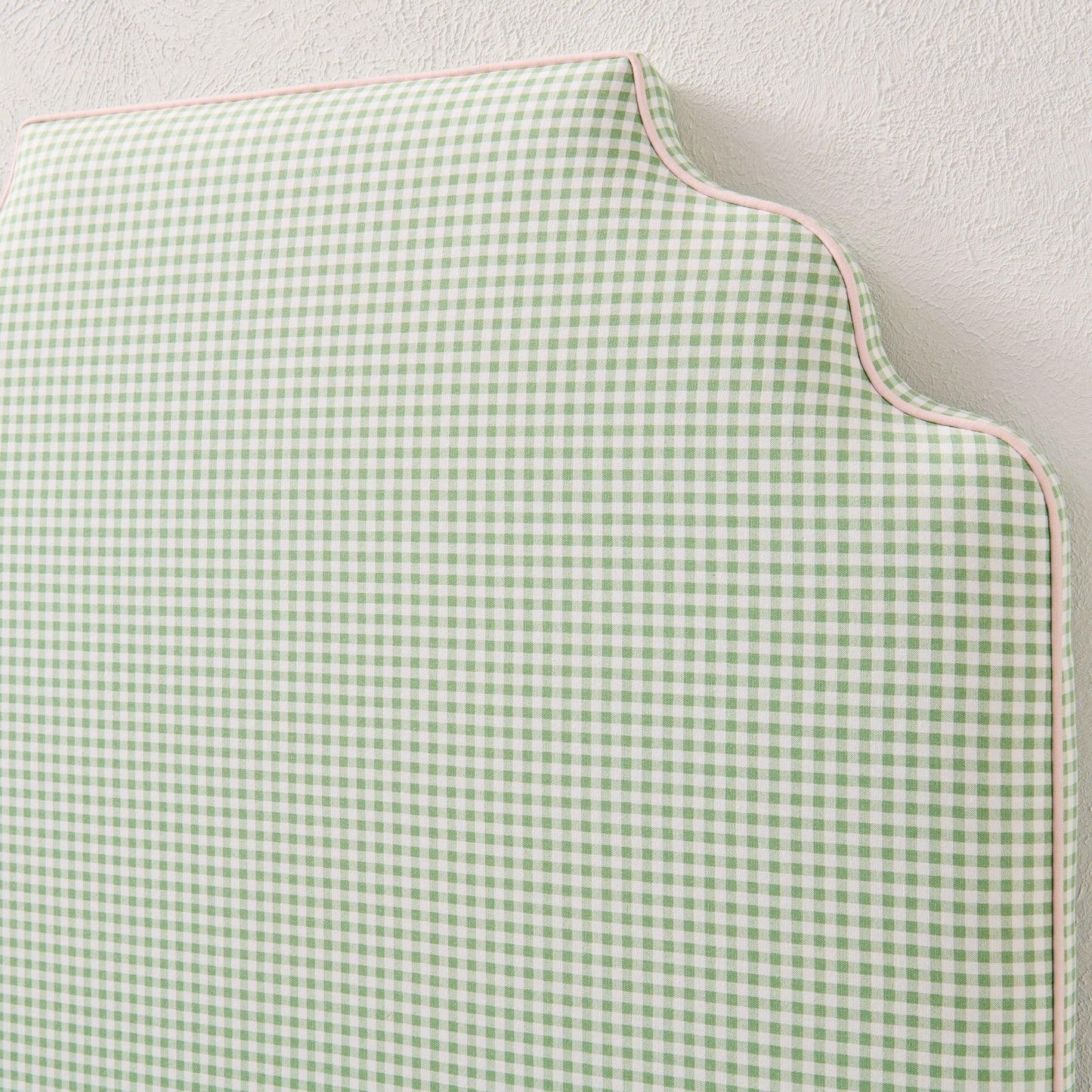 The Helena Twin Headboard - Green Gingham Fabric - Pink Trim