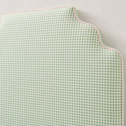 The Helena Twin Headboard - Green Gingham Fabric - Pink Trim