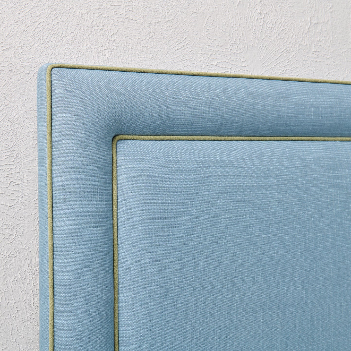 60" H Full Headboard in Blue Linen - Green Trim