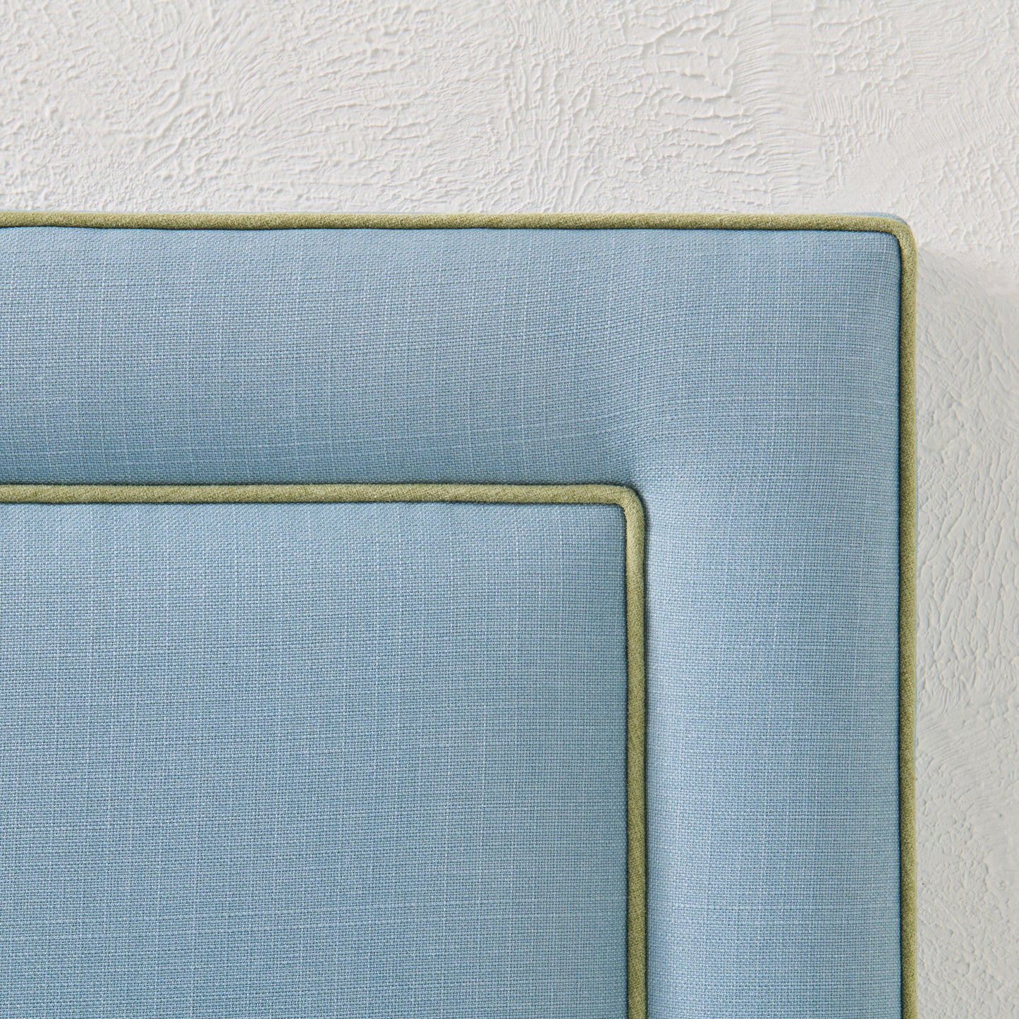 60" H Full Headboard in Blue Linen - Green Trim