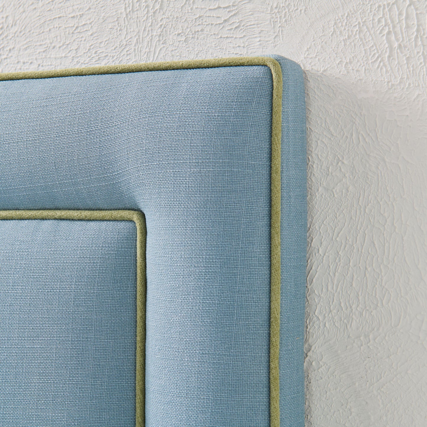60" H Full Headboard in Blue Linen - Green Trim