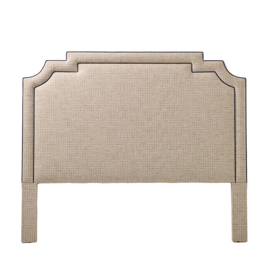 The Martha King Headboard - Beige Checkered Fabric - Navy Trim