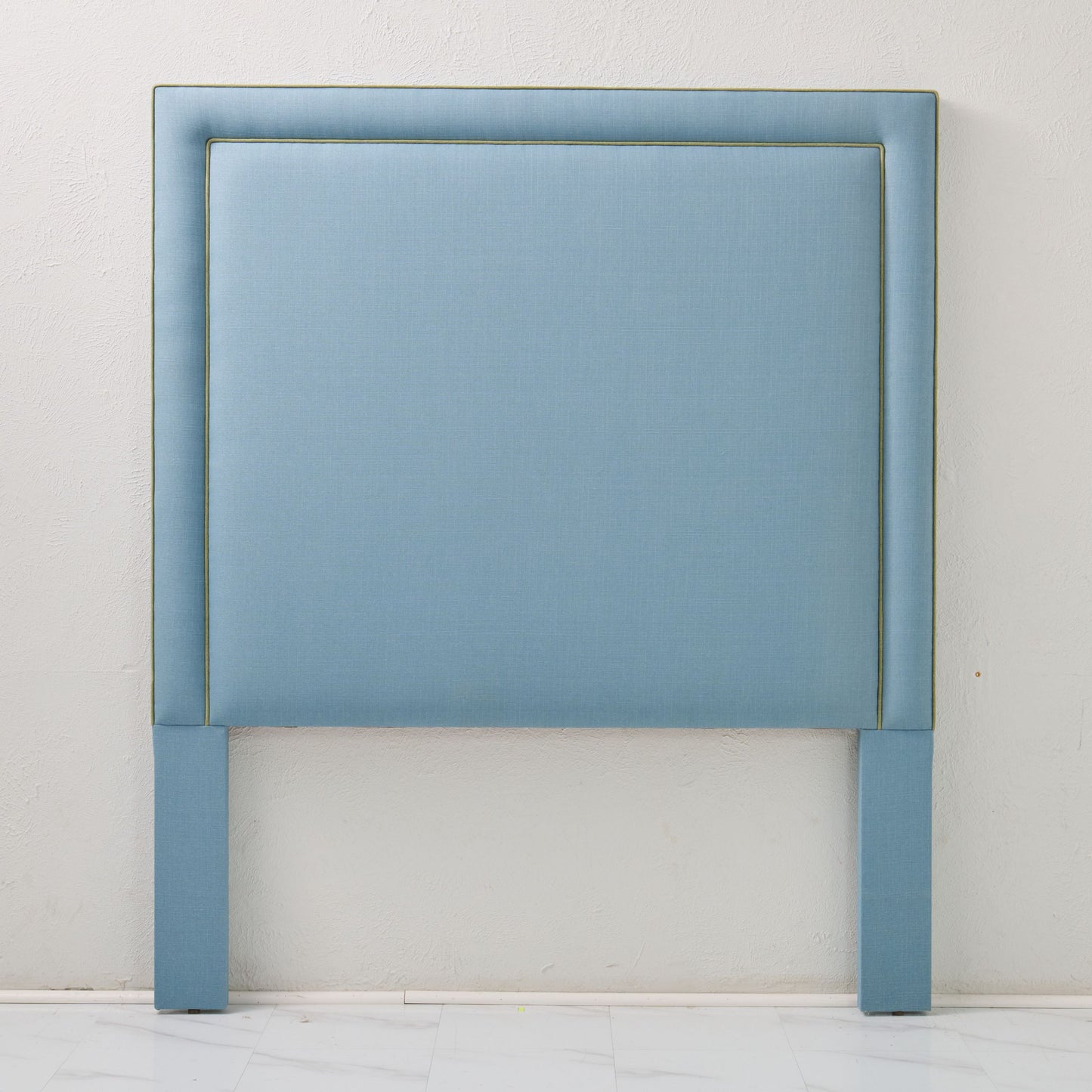 60" H Full Headboard in Blue Linen - Green Trim