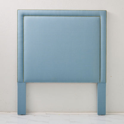 60" H Full Headboard in Blue Linen - Green Trim