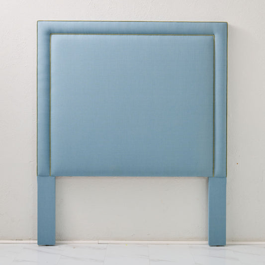 60" H Full Headboard in Blue Linen - Green Trim